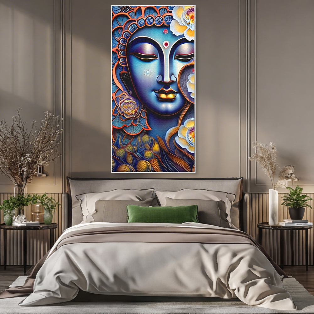 Tablou canvas cu tablou canvas cu portretul lui buddha, in rama de aluminiu argintiu, pe perete intr-un dormitor